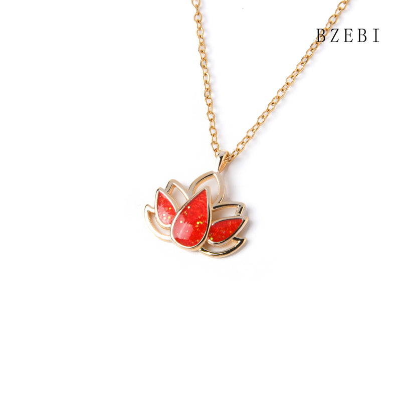 18k Gold Plated Cubic Zirconia Red lotus flower Necklace for Women with Box