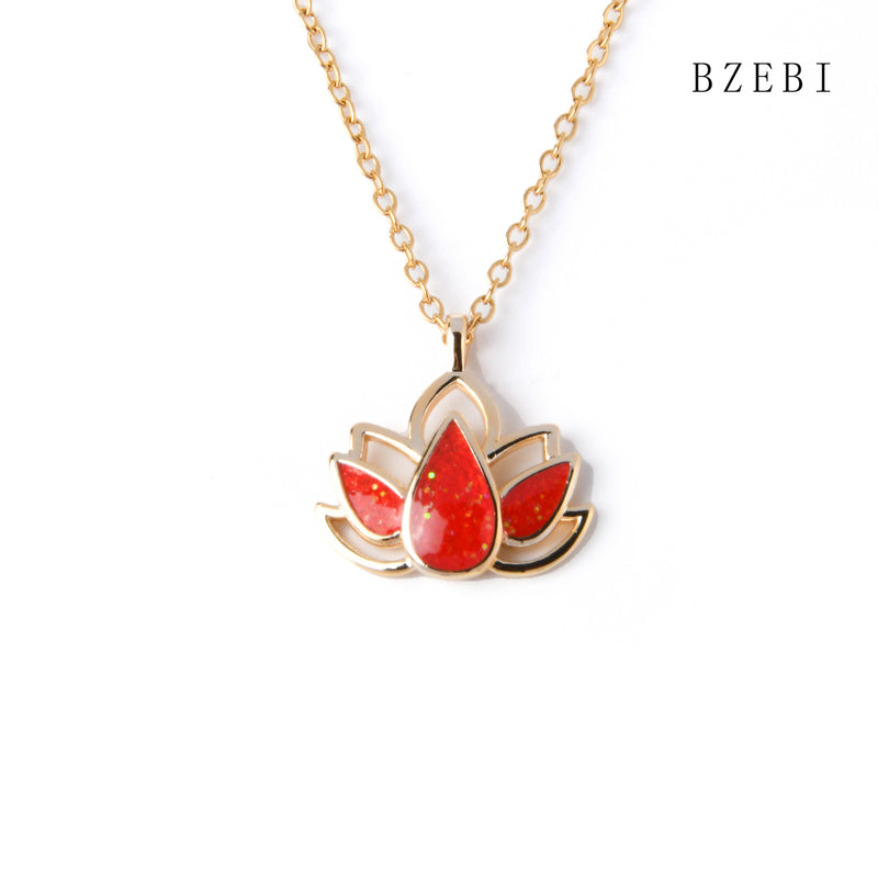 18k Gold Plated Cubic Zirconia Red lotus flower Necklace for Women with Box