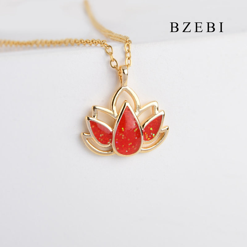 BZEBI 18k Gold Plated Cubic Zirconia Flame lotus pattern Necklace for Women with Box