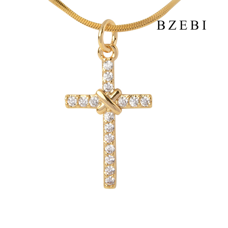 BZEBI 18k Gold Plated Cubic Zirconia cross Necklace for Women with Box