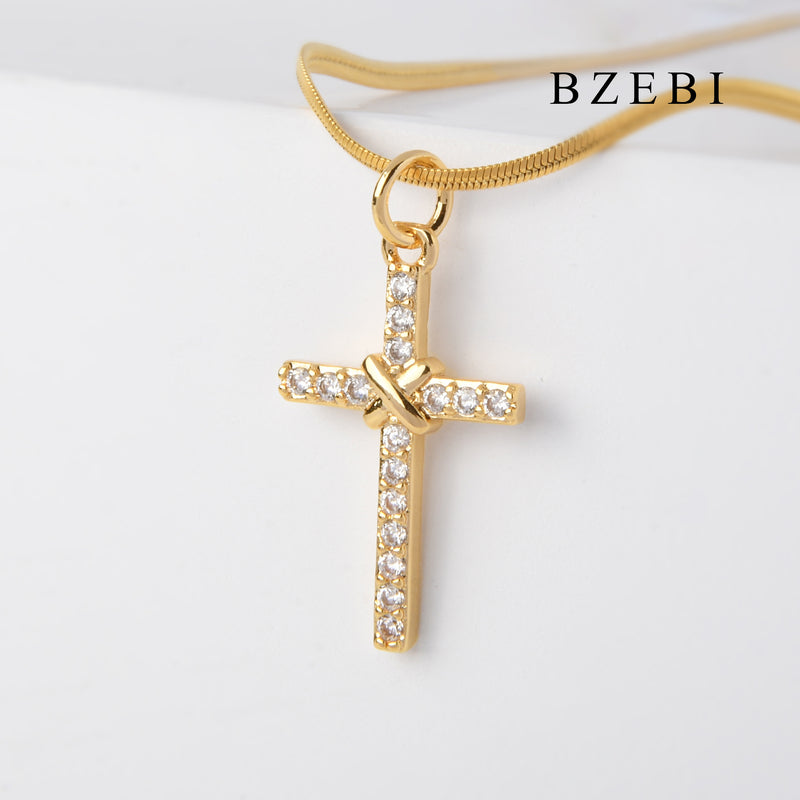 BZEBI 18k Gold Plated Cubic Zirconia cross Necklace for Women with Box