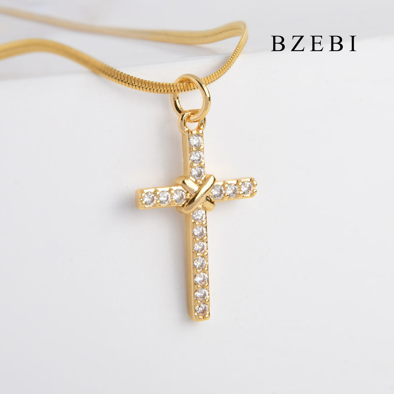 BZEBI 18k Gold Plated Cubic Zirconia cross Necklace for Women with Box