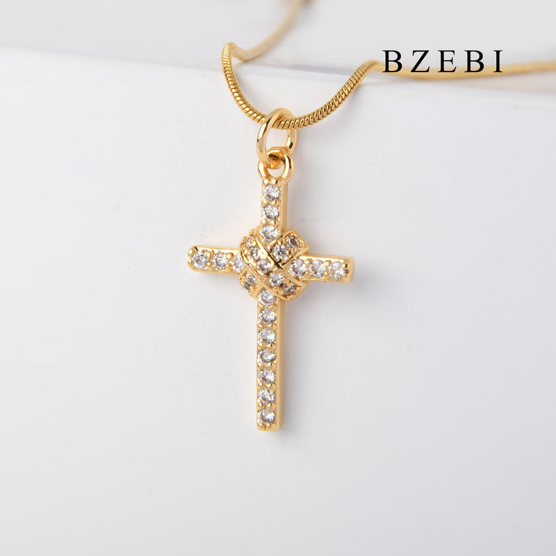 BZEBI 18k Gold Plated Cubic Zirconia crucifix Necklace for Women with Box