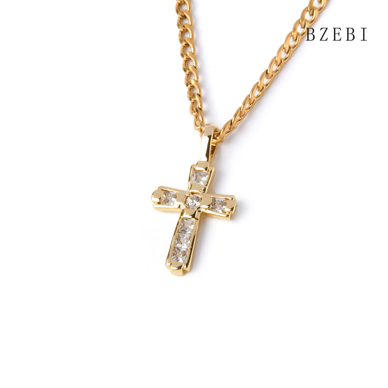 18k Gold Plated Cubic Zirconia Cross full of diamonds Necklace for Women with Box