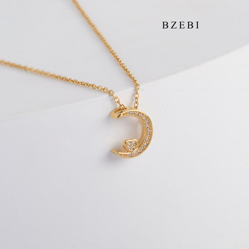 BZEBI New 18K stainless steel gold-plated Moon and diamond necklace simple love pendant jewelry birthday party gift