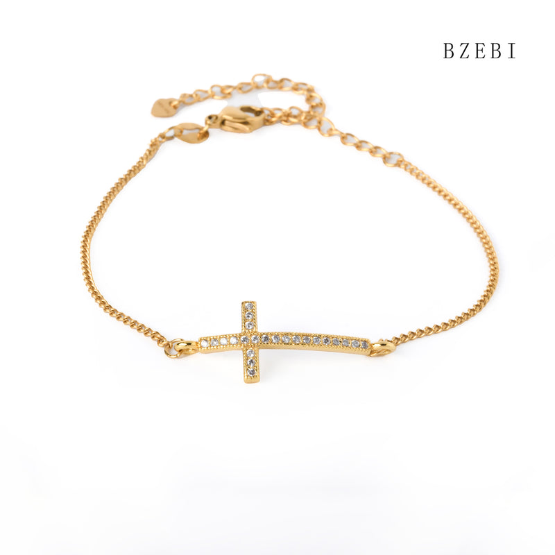 18k Gold Plated Cubic Zirconia Cross full of diamonds Bracelet for Women with Box