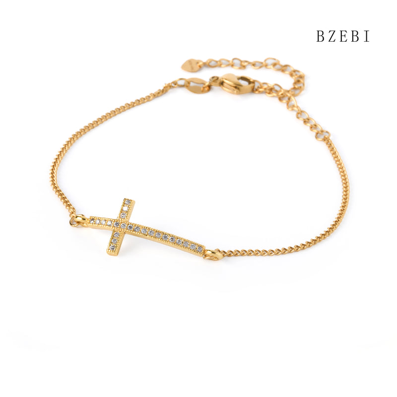 18k Gold Plated Cubic Zirconia Cross full of diamonds Bracelet for Women with Box