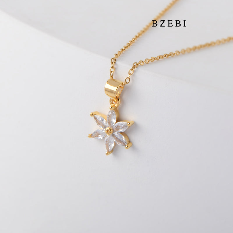 BZEBI New style floral 18k gold plated stainless steel pendant Hexagram micro-zircon Necklace Lady Jewelry Gift