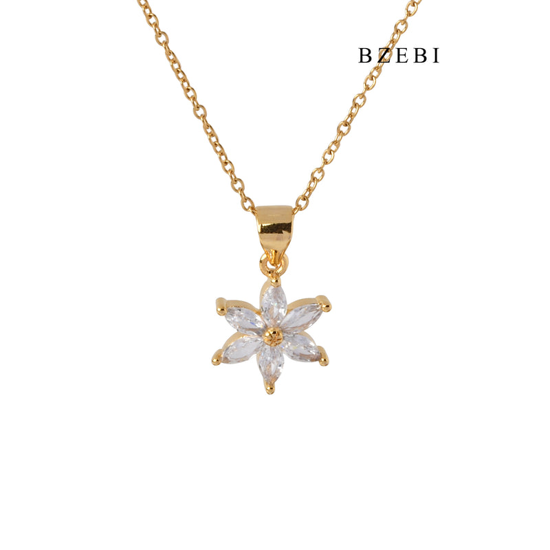 BZEBI New style floral 18k gold plated stainless steel pendant Hexagram micro-zircon Necklace Lady Jewelry Gift