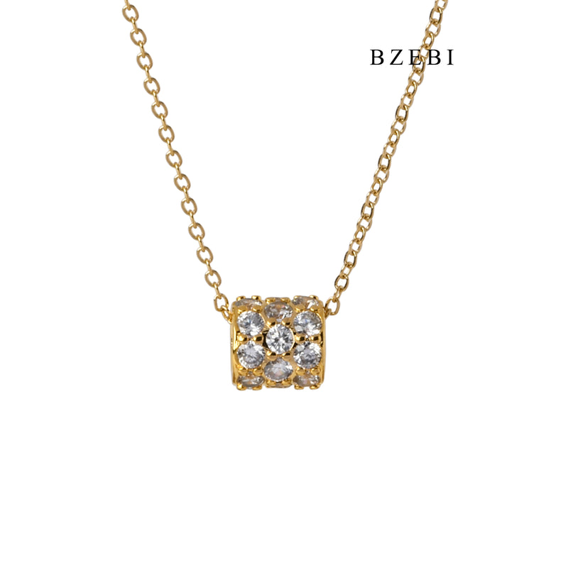 BZEBI Pendant Necklace 18K Stainless Steel Gold Plated personalized exquisite hollow cylindrical Diamond Pendant Necklace