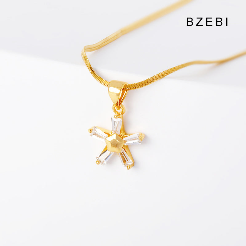 BZEBI 14K gold-plated cubic zirconia five-star petal necklace