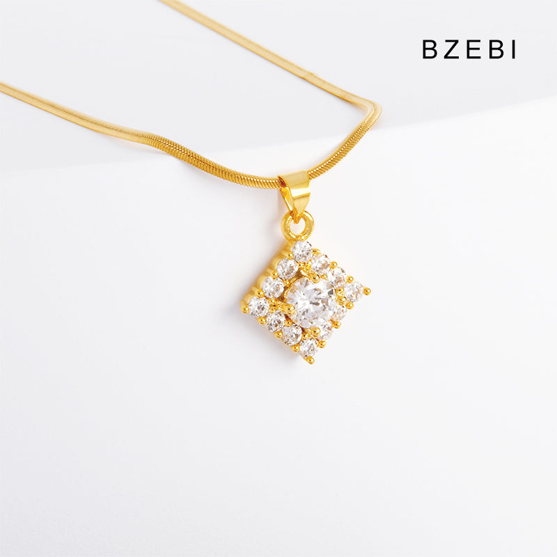 BZEBI 14K gold-plated cubic zirconia simple square necklace