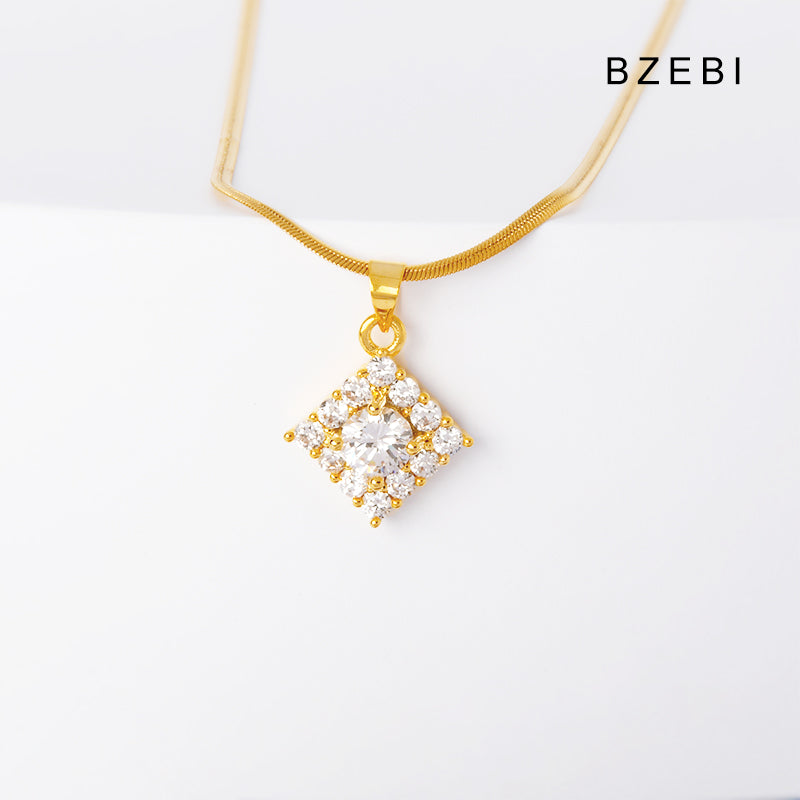 BZEBI 14K gold-plated cubic zirconia simple square necklace