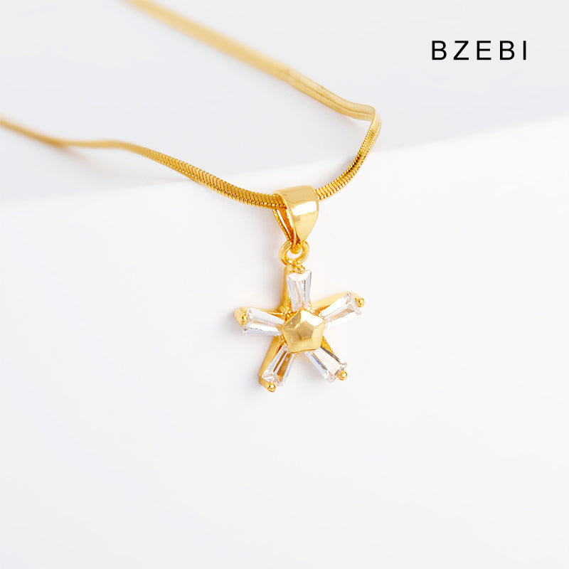 BZEBI 14K gold-plated cubic zirconia five-star petal necklace