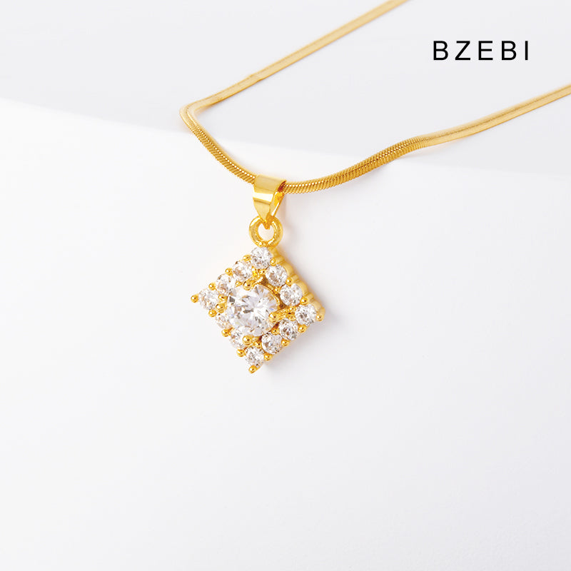 BZEBI 14K gold-plated cubic zirconia simple square necklace